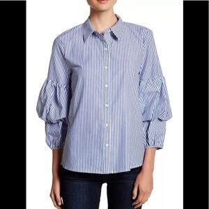 Ro&de Women's White Blue stripe puffy Sleeve Top classic button Size Large